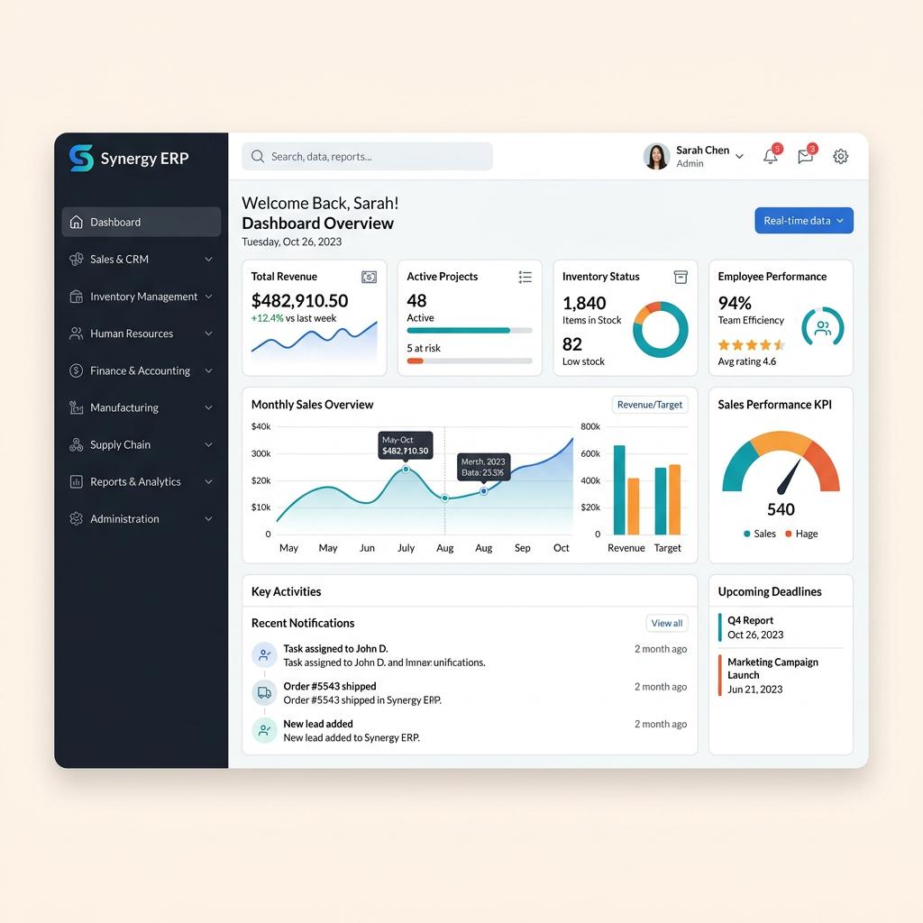 Cloud ERP dashboard with sales, inventory, finance, and branch reporting